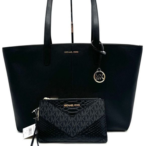 Michael Kors Medium Jet Set Travel Zip Tote Bag & Double Zip Wallet Black/Gold - Picture 1 of 13